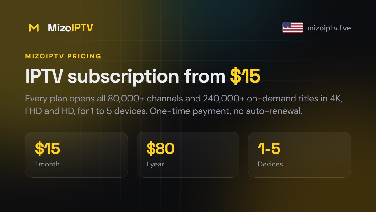 MizoIPTV IPTV pricing plans: 1 month $15, 1 year $80 and lifetime $200, every channel on every plan
